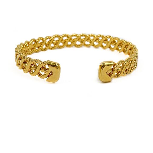 Open Cuff Bracelet Textured Open Work Cut Out Design Shiny Gold Tone Narrow - Picture 2 of 11